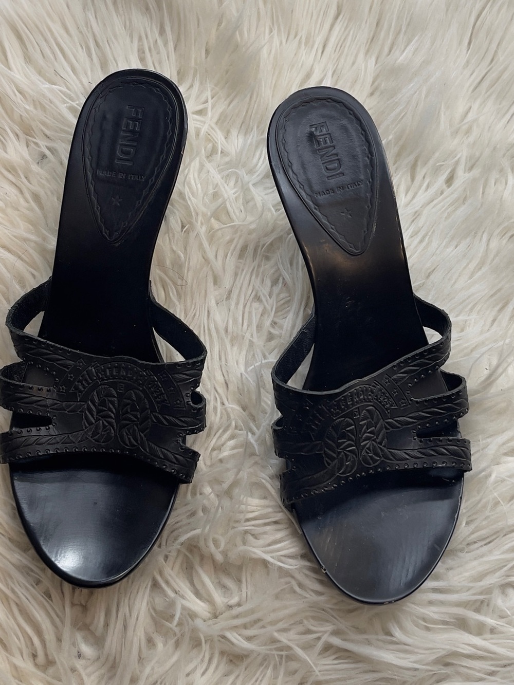 Fendi Black Braided Leather Slide Mules